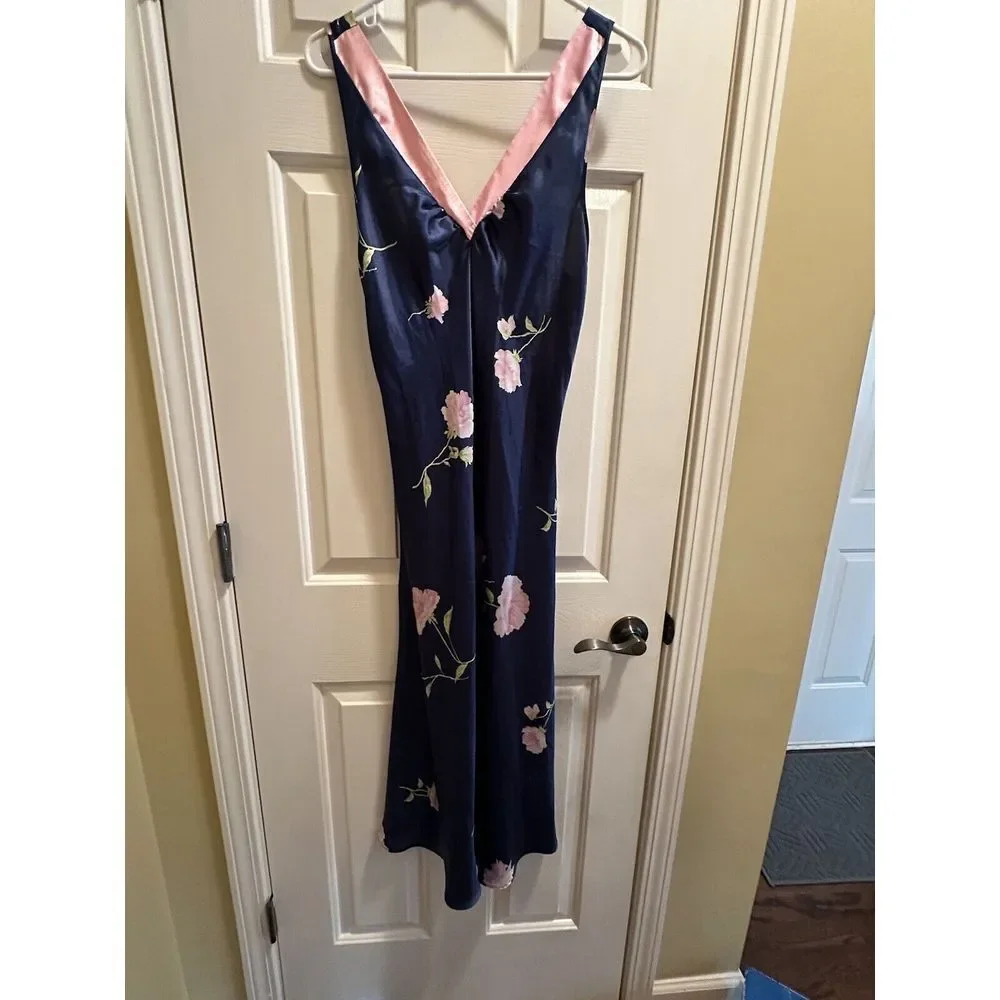 Vintage Jones New York Satin Long And Short Nightgown Lingerie Blue Floral Small